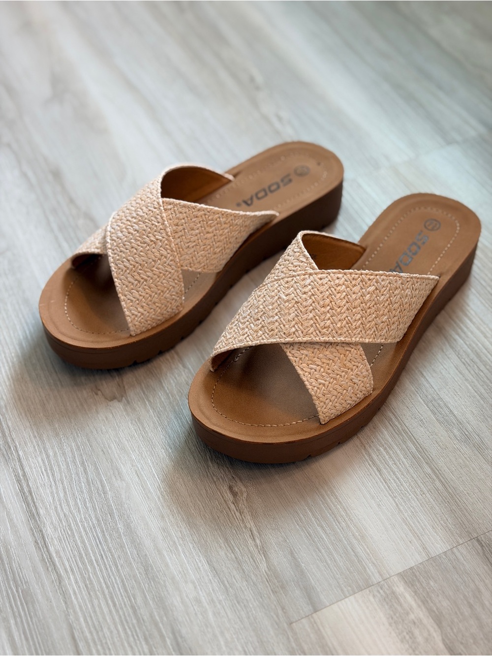 Soda Pink-Beige Woven Crisscross Platform Slide Sandals